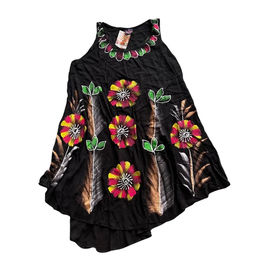 Pineapple Hand Painted Floral Rayon Sleeveless Top Black PK5181 Free Size NWT